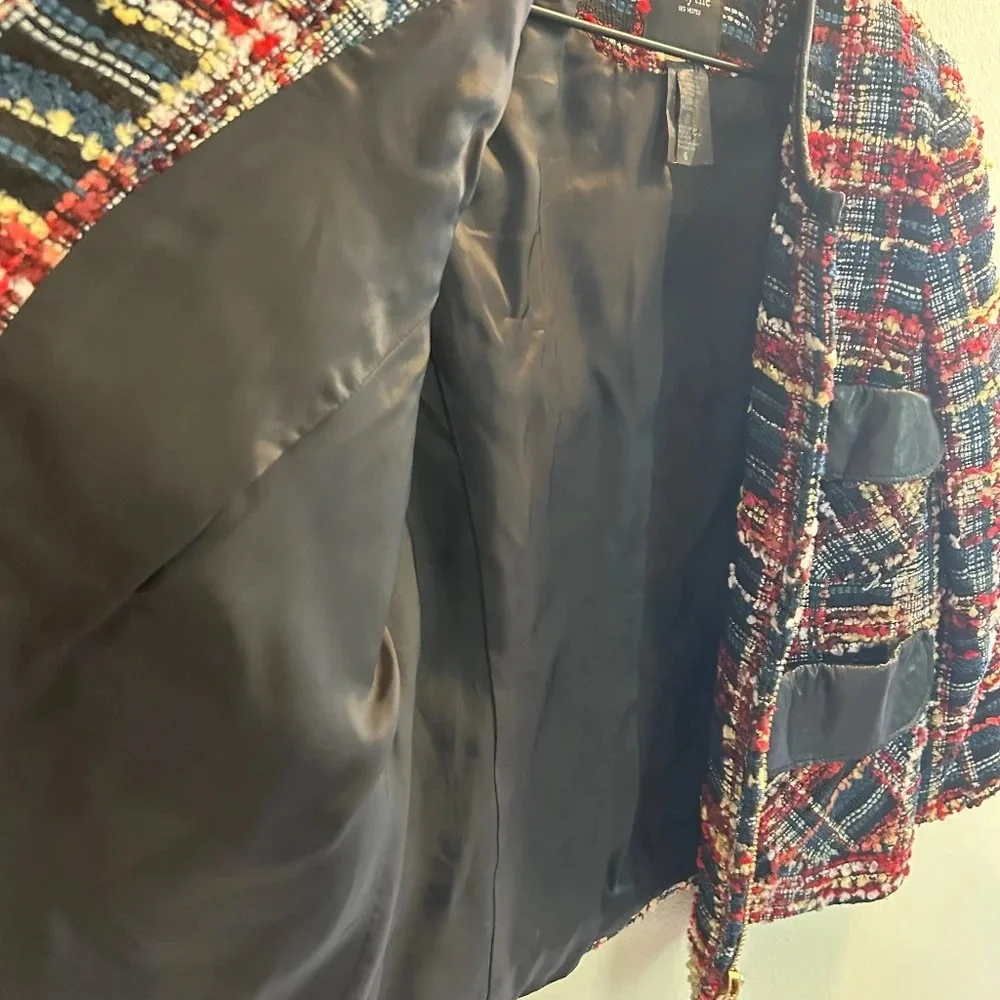 Smythe Boucle Leather-Detail Jacket Womens Size 6 Plaid Blazer Navy Career - Picture 9 of 10